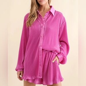 Blue B collection fuschia hot pink plisse pleated short set
